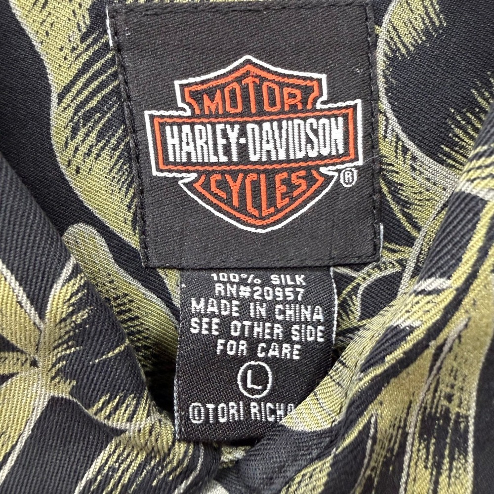 Harley Davidson Tori Richard Silk Shirt Mens Large Black Green Tropical Floral L - Picture 3 of 6